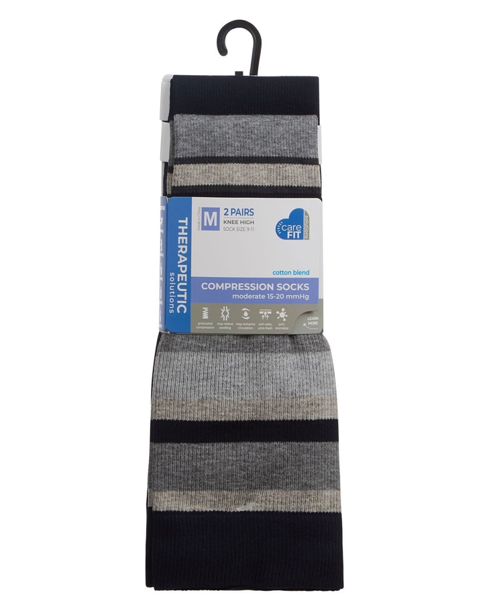 RFY08720-40120-9-11 Stripe Tipped Solid Cotton Blend Graduated Compression Socks, Navy - Size 9 to 11 - 2 Pair