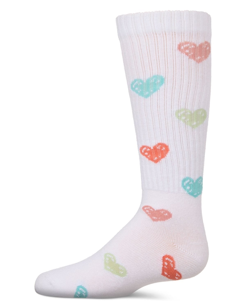 MKF-7167-10103-2 Girls Multi Graffiti Heart Knee High Socks, White - Size 2