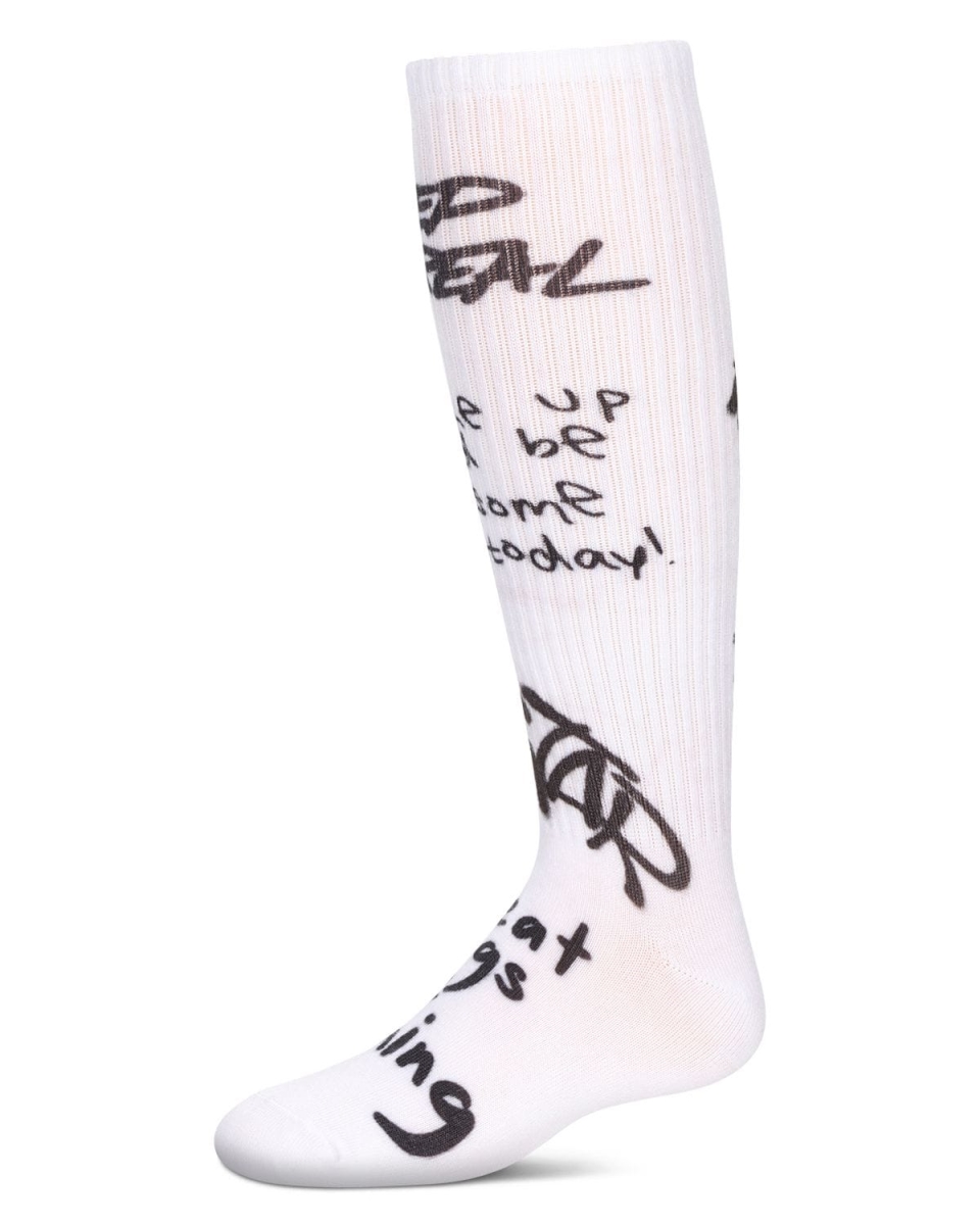 MKF-7149-10103-4 Girls Graffiti Knee High Socks, White - Size 4