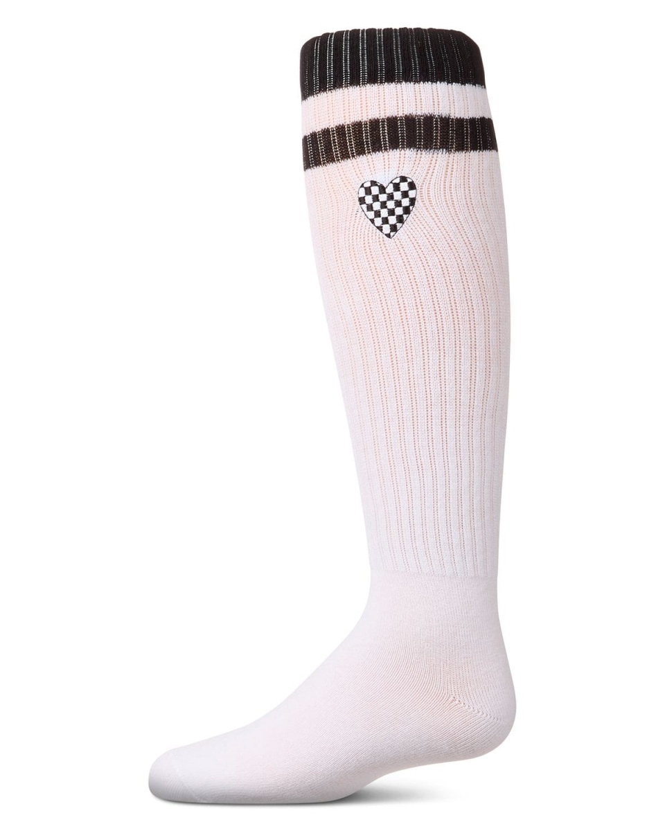 Girls Ribbed Varsity Stripe "Checkered Heart" Cotton Rich Knee Sock - Black / 2