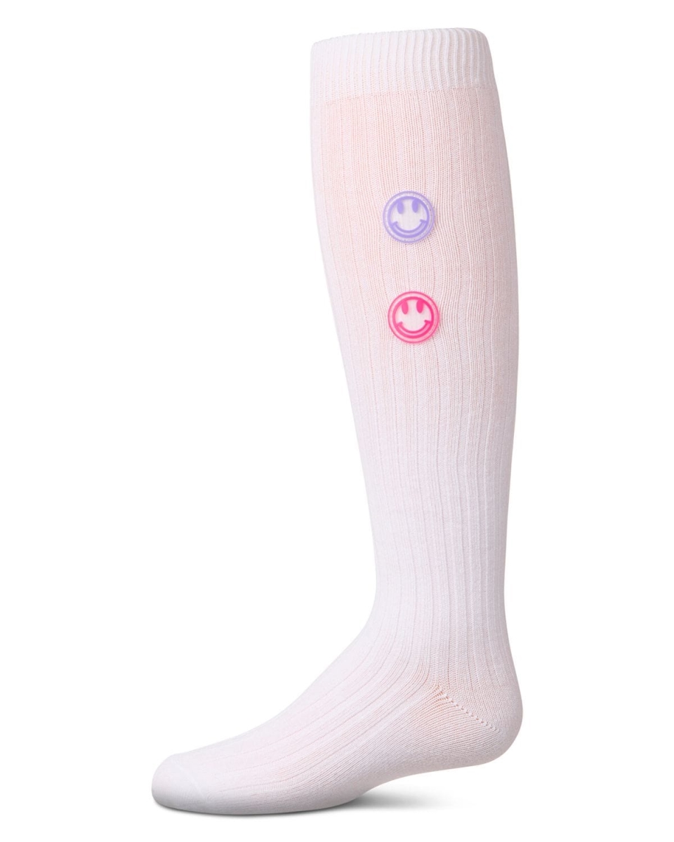 MKF-7177-10103-14 Girls Rubber Smiley Face Knee High Socks, White - Size 14