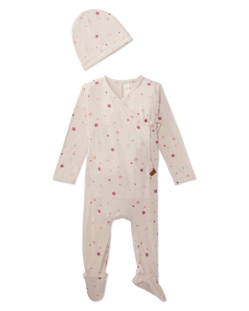 2 Piece Set Baby Ribbed Rayon-Blend Star-Pattern Footie and Beanie - Rose / 6 Months