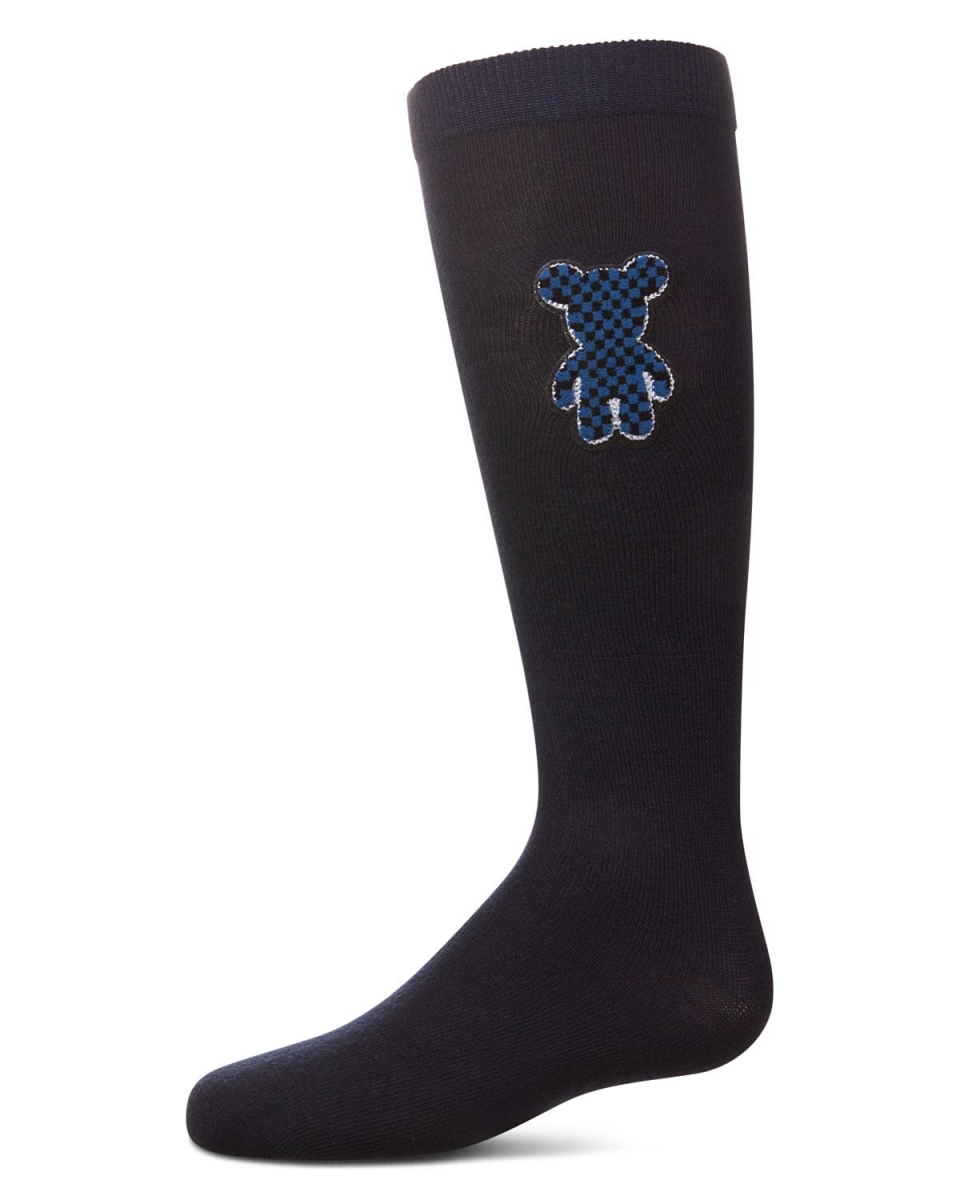 MKF-11574-40120-2 Girls Boxed Bear Patch Knee High Socks, Navy - Size 2