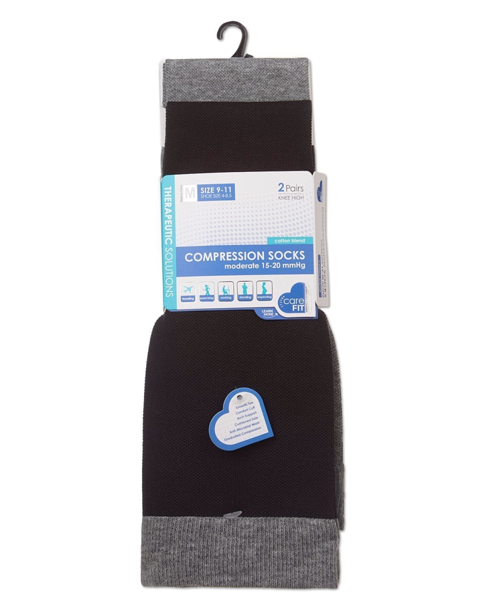 RFY08725-99825-10-13 Contrast Solid Cotton Blend Graduated Compression Socks, Black & Medium Grey - Size 10 to 13 - 2 Pair