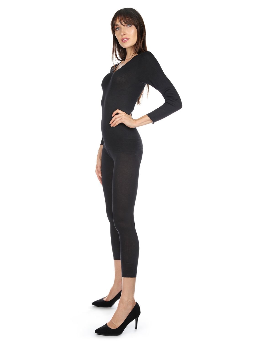 TM-405-00001-S Poly Viscose Flat Knit Long Sleeve V-Neck Top, Black - Small