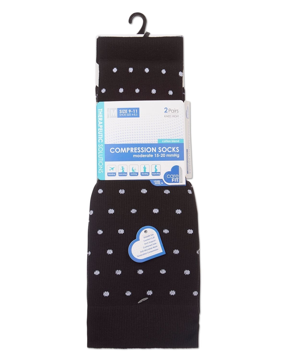 RFY08721-00001-10-13 Polka Dot Striped Cotton Blend Graduated Compression Socks, Black - Size 10 to 13 - 2 Pair