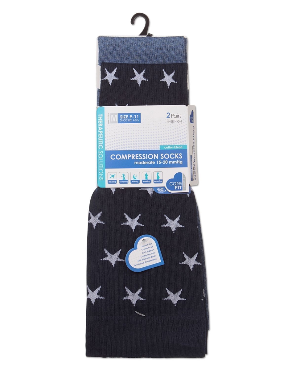 RFY08724-40120-9-11 Stars Solid Cotton Blend Graduated Compression Socks, Navy - Size 9 to 11 - 2 Pair