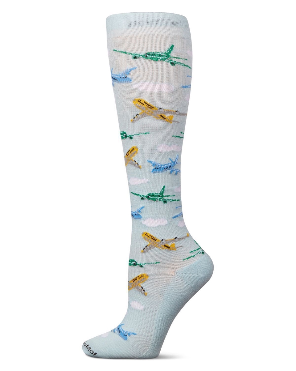 MFY08989-45012-9-11 Airplanes 8-15 mmHg Graduated Bamboo Compression Socks, Light Blue - Size 9 to 11