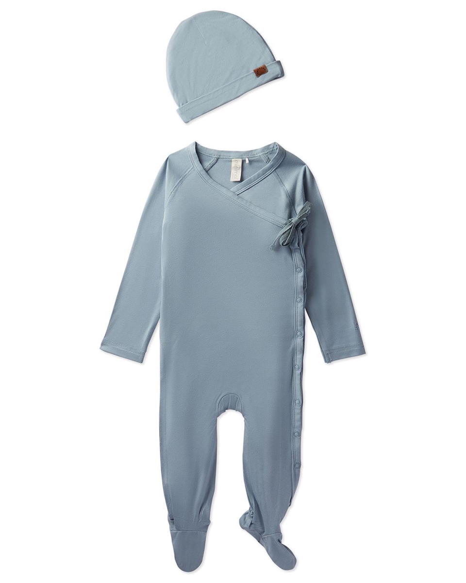 2 Piece Set Baby Crossover V-Neck Modal-Blend Footie and Beanie - Blue Frost / 3 Months