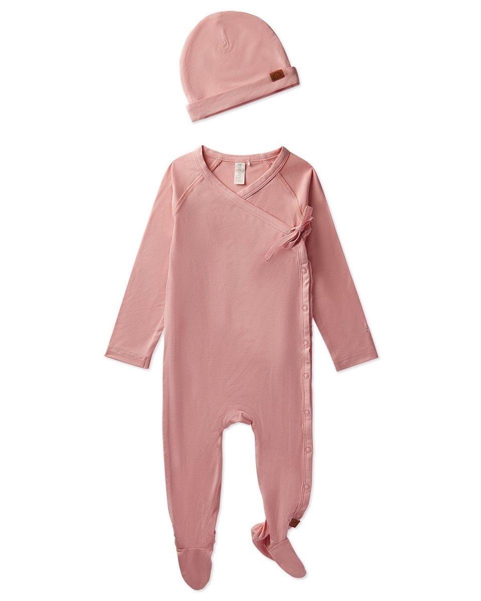 2 Piece Set Baby Crossover V-Neck Modal-Blend Footie and Beanie - Rose / 3 Months