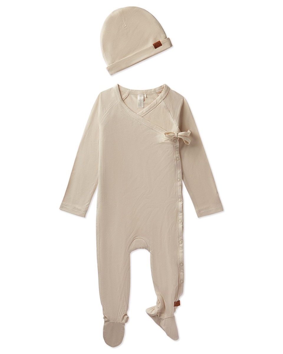 2 Piece Set Baby Crossover V-Neck Modal-Blend Footie and Beanie - Latte / 3 Months