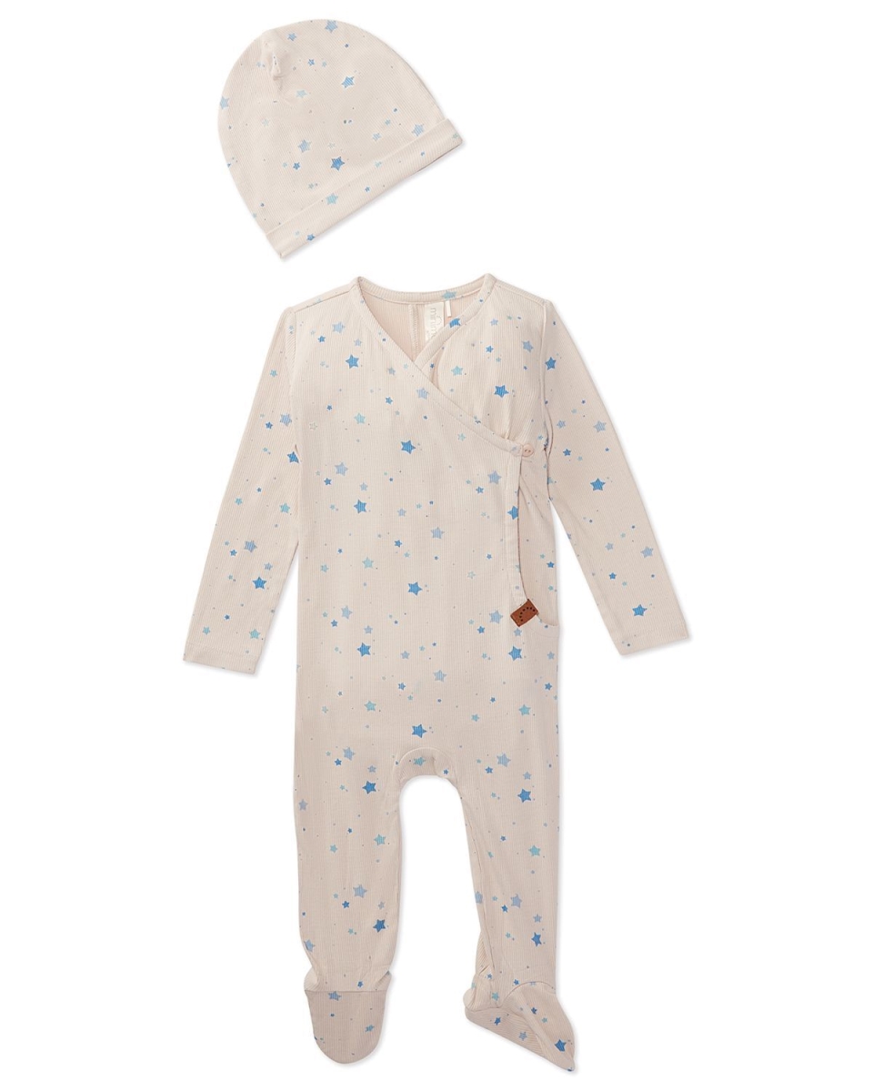 2 Piece Set Baby Ribbed Rayon-Blend Star-Pattern Footie and Beanie - Blue Bell / 3 Months