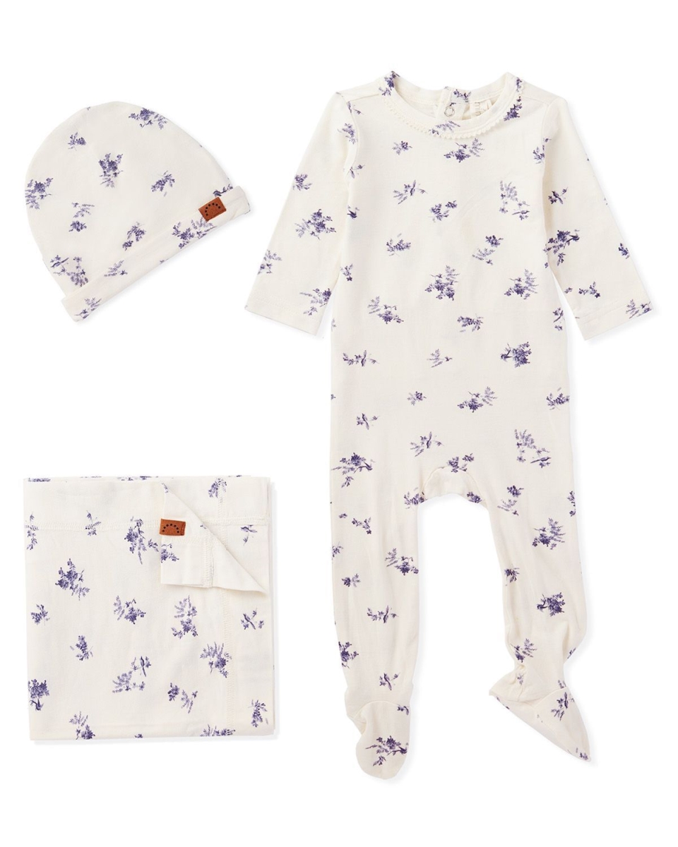 3 Piece Baby Girls Floral Toile Rayon Blend Footie Set - Winter White / 6 Months