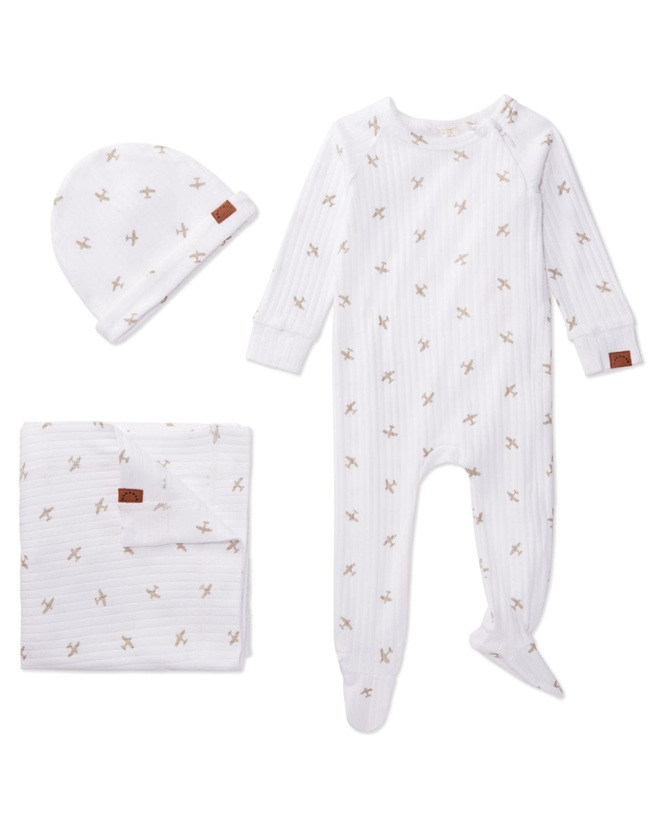 3 Piece Baby Boys "Airplane" Ribbed Cotton Rich Footie Set - Winter White / 3 Months