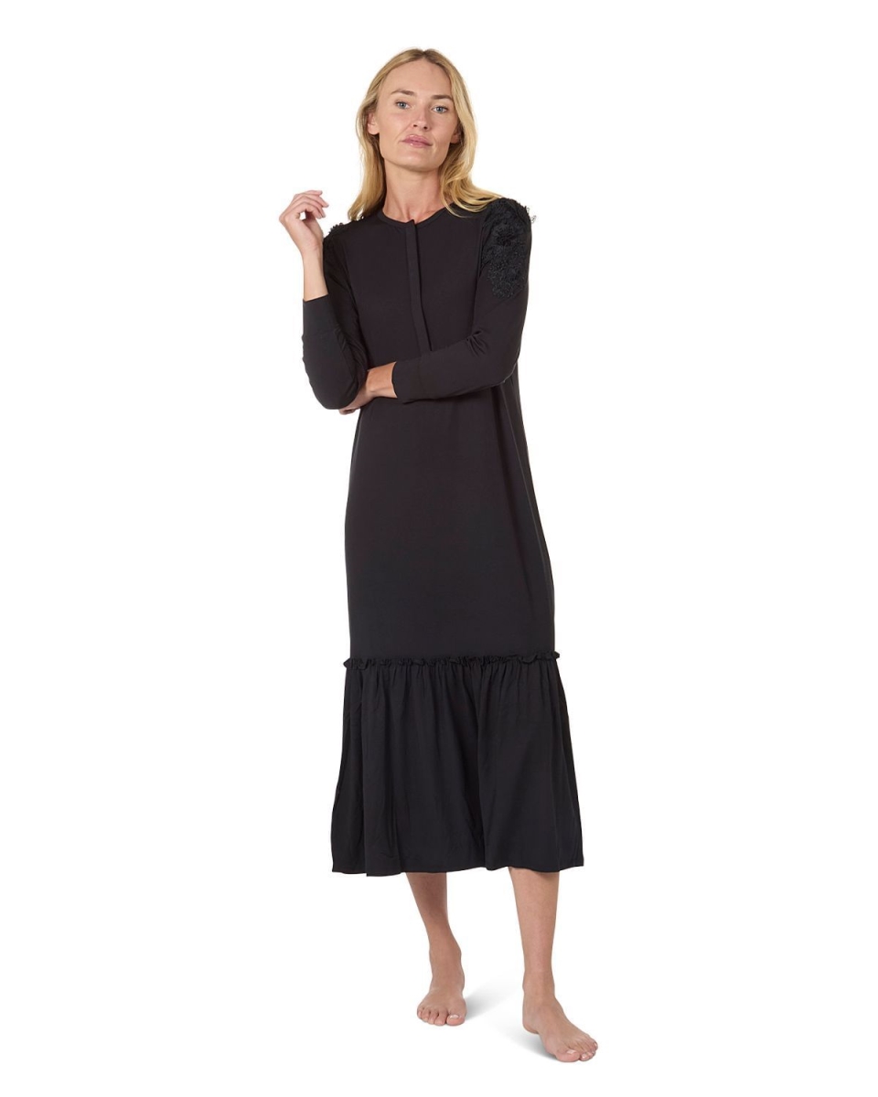 Women's Modal Blend Floral Trim Ruffled Lounge and Night Gown - Black / M