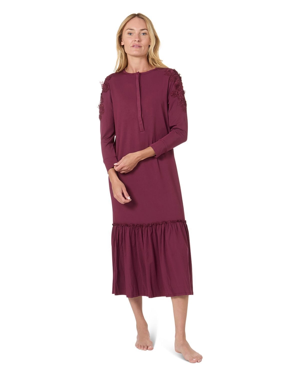 Women's Modal Blend Floral Trim Ruffled Lounge and Night Gown - Bordeaux / M