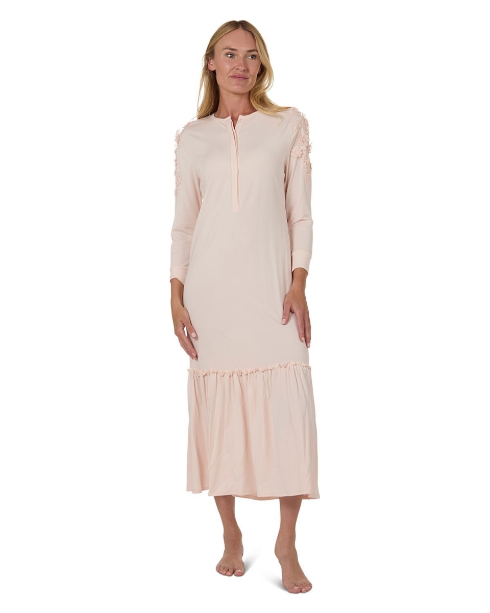 Women's Modal Blend Floral Trim Ruffled Lounge and Night Gown - Pale Blush / M