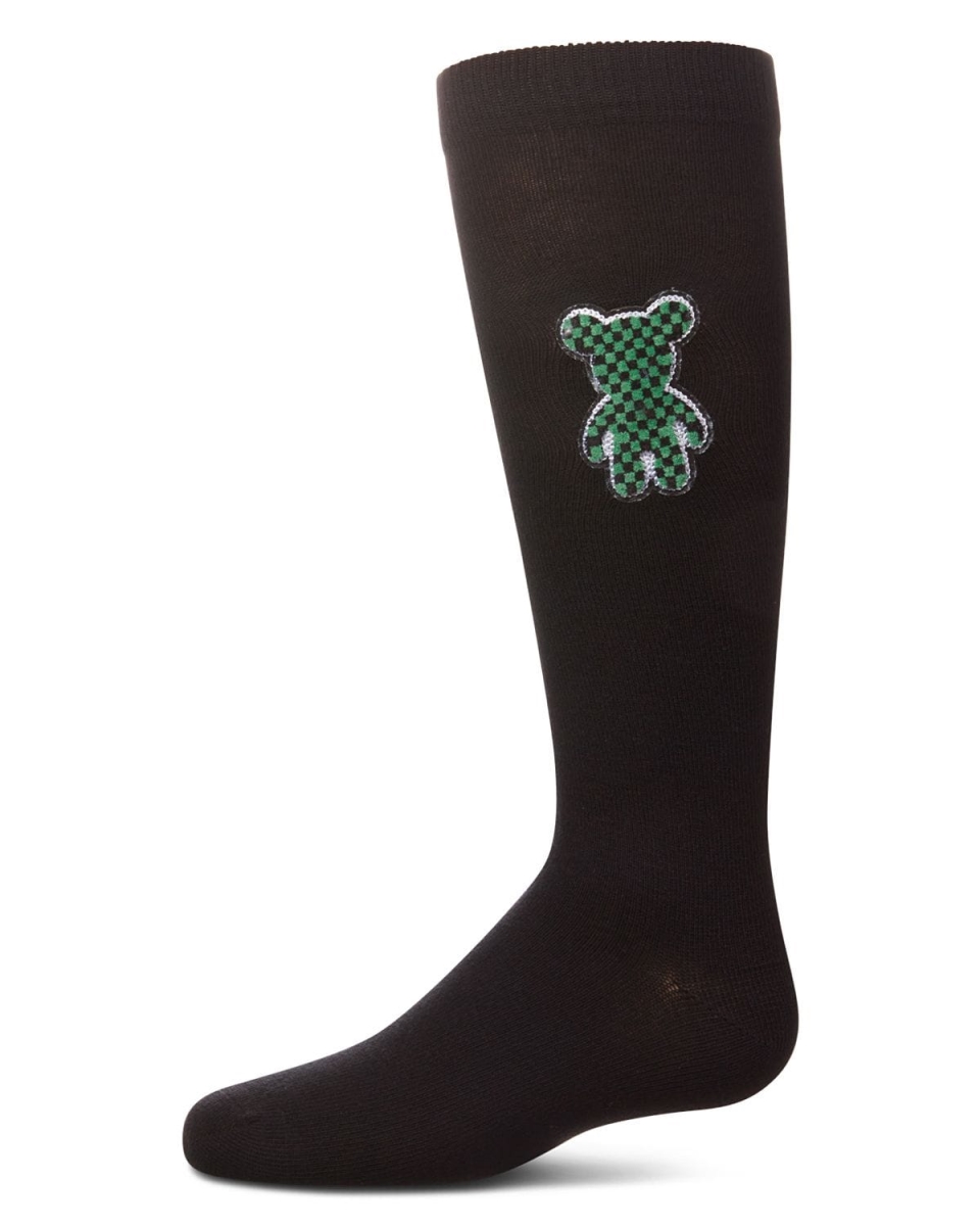MKF-11574-00001-2 Girls Boxed Bear Patch Knee High Socks, Black - Size 2