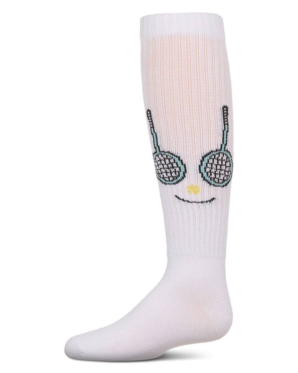MKF-7188-10103-14 Girls Tennis Smiley Face Knee High Socks, White - Size 14