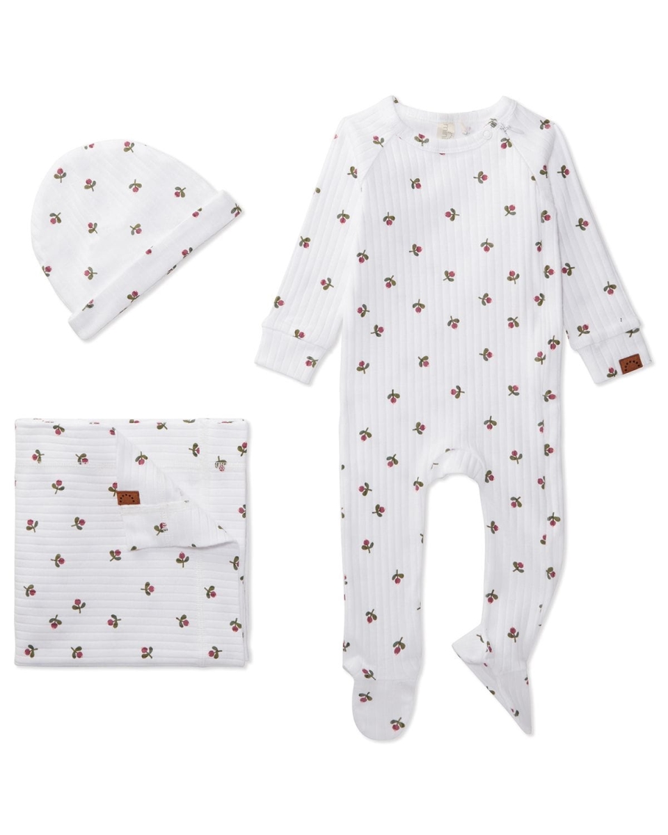 3 Piece Baby Girls "Flower Bud" Ribbed Cotton Rich Footie Set - Winter White / 6 Months