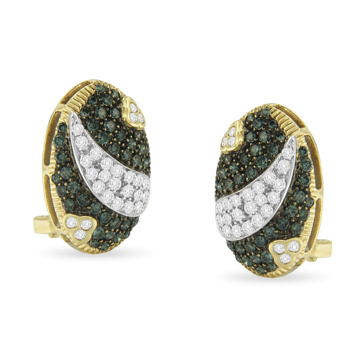 Black & White Rhodium Over 14K Yellow Gold 2.16 CTTW White & Blue Diamond Oval Omega Back Stud Earrings, H-I & Blue Color - SI1-SI2 Clarity