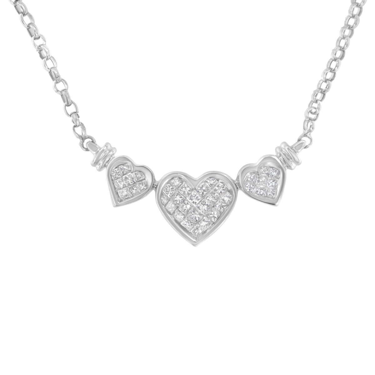 017130NWDM 14K White Gold 1.0 CTTW Princess Cut Diamond Three Heart 18 in. Statement Pendant Necklace, H-I Color - SI2-I1 Clarity