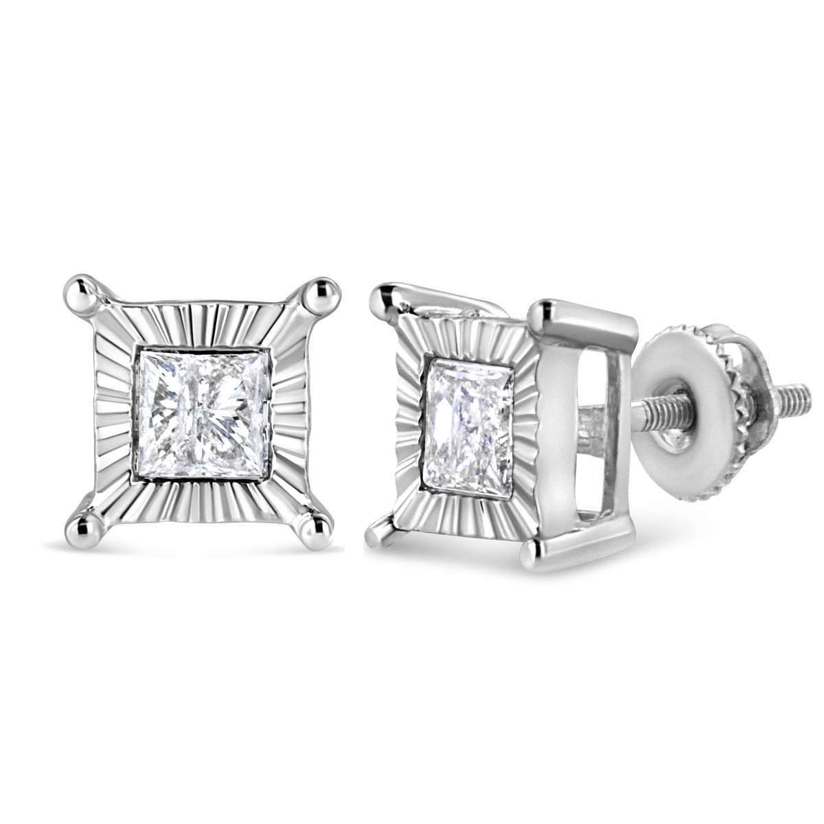 White .925 Sterling Silver 1.0 CTTW Miracle Set Princess-cut Diamond Solitaire Stud Earrings, H-I Color - I2-I3 Clarity