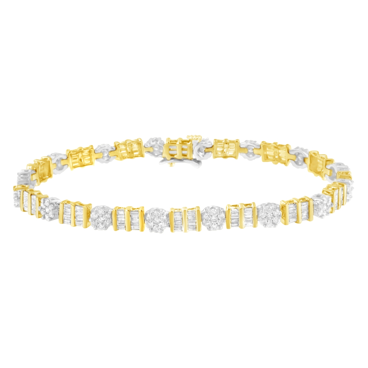 Picture of Infinite Jewels 017191B700 14K White & Yellow Gold 3.43 CTTW Round & Baguette-Cut Diamond Cluster Two Tone Alternating Station 7 in. Tennis Bracelet&#44; H-I Color - I1-I2 Clarity