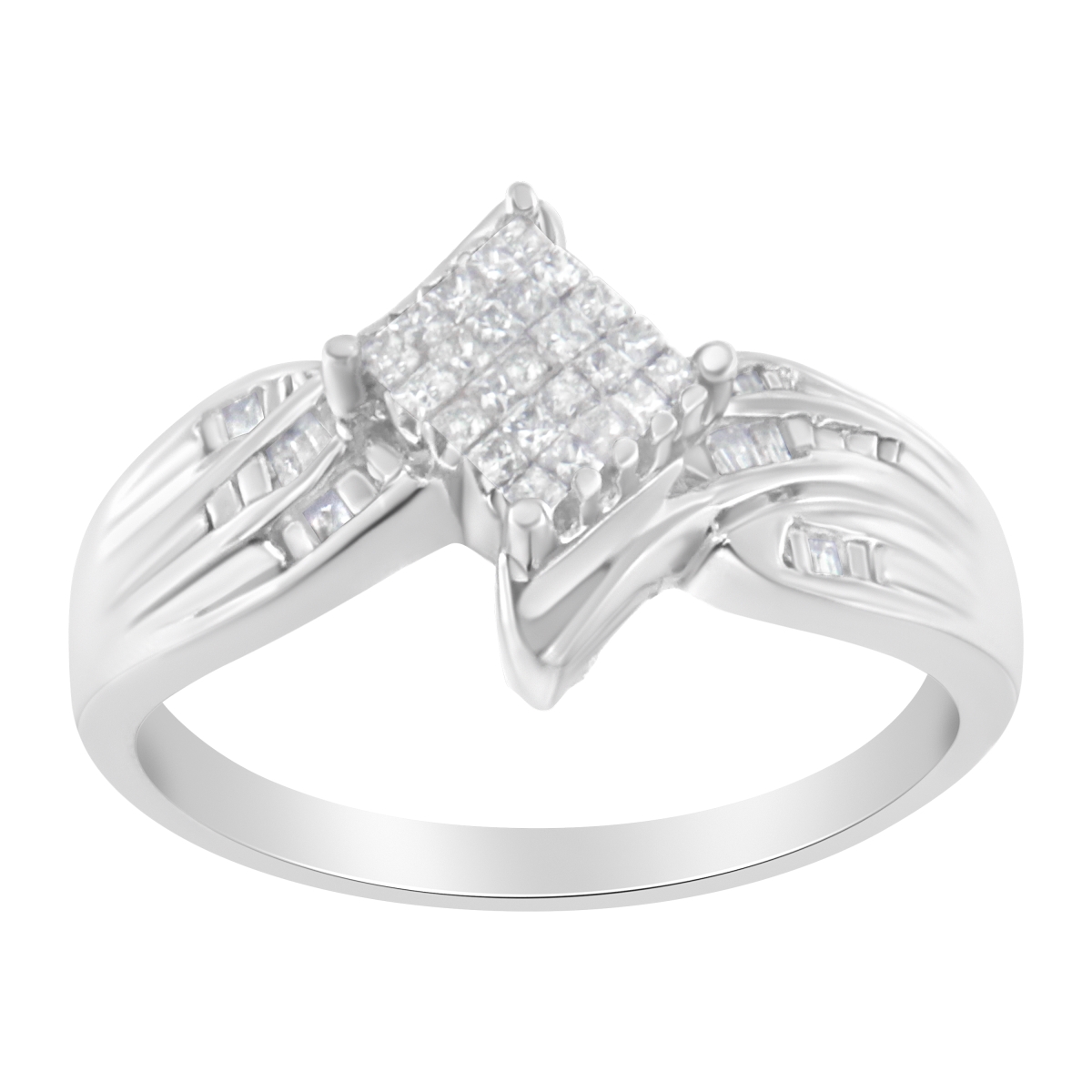017230R700 10K White Gold 0.33 CTTW Princess & Baguette Cut Diamond Bypass Style Cocktail Ring, I-J Color - I1-I2 Clarity - Size 7