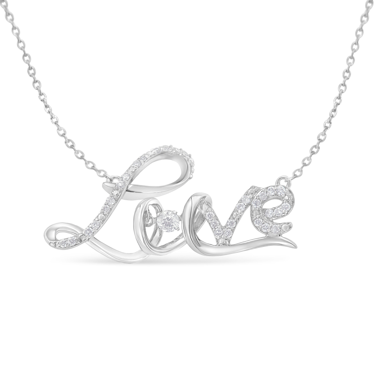 017273P0DM White .925 Sterling Silver 0.25 CTTW Diamond Cursive Love 18 in. Pendant Necklace, H-I Color - I1-I2 Clarity