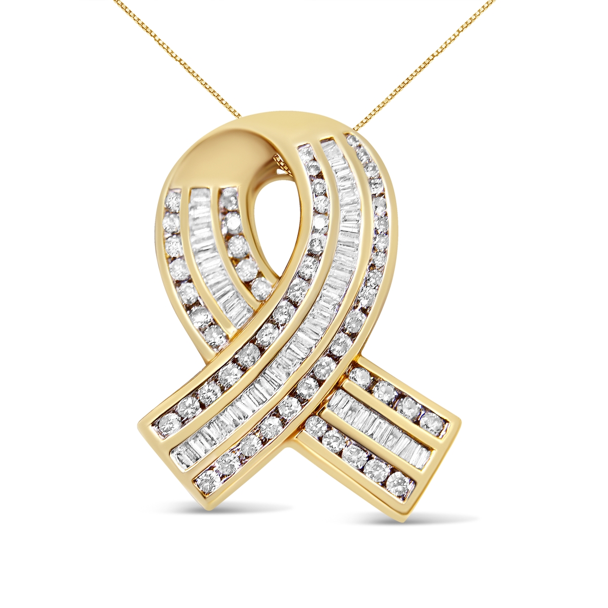 017281P4DM 14K Yellow Gold 2 0.66 CTTW Channel Set White Diamond Awareness Ribbon Pendant Necklace, G-H Color - VS1-VS2 Clarity