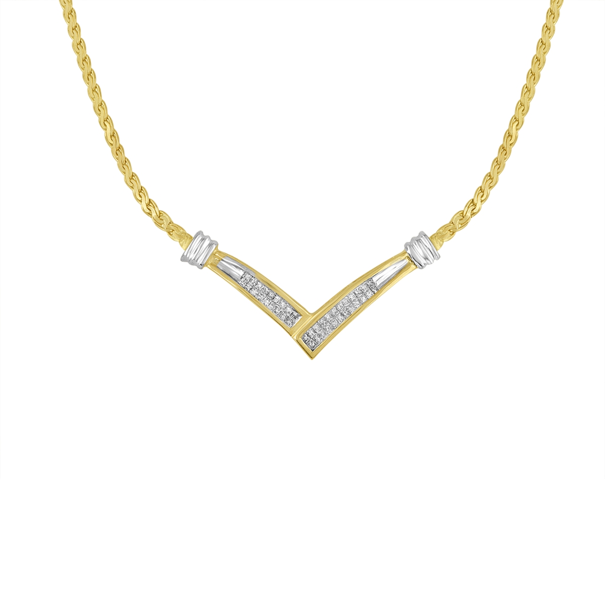 017284NTDM 10K Yellow & White Gold 0.50 CTTW Princess Cut Diamond Channel-Set V Shape 18 in. Franco Chain Necklace, H-I Color - SI2-I1 Clarity