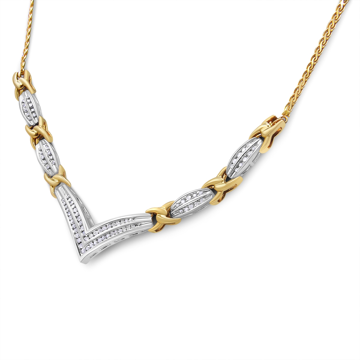 10K Yellow & White Gold 1.0 CTTW Round & Princess Cut Diamond V Shape Statement Necklace, I-J Color - I1-I2 Clarity