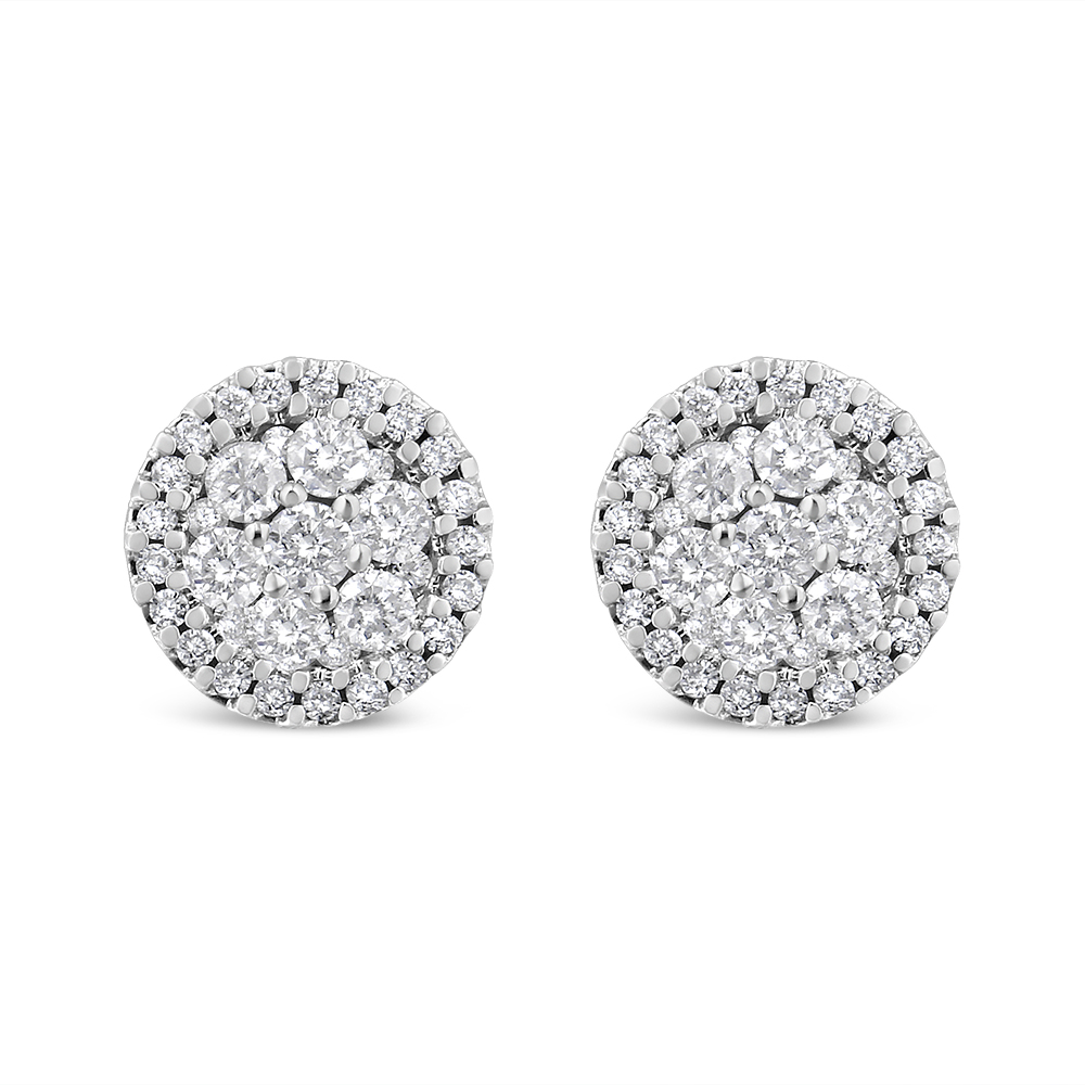 019083EAGS AGS Certified 14K White Gold 1.0 CTTW Brilliant-Cut Diamond Halo-Style Cluster Round Button Stud Earrings, G-H Color - I1-I2 Clarity