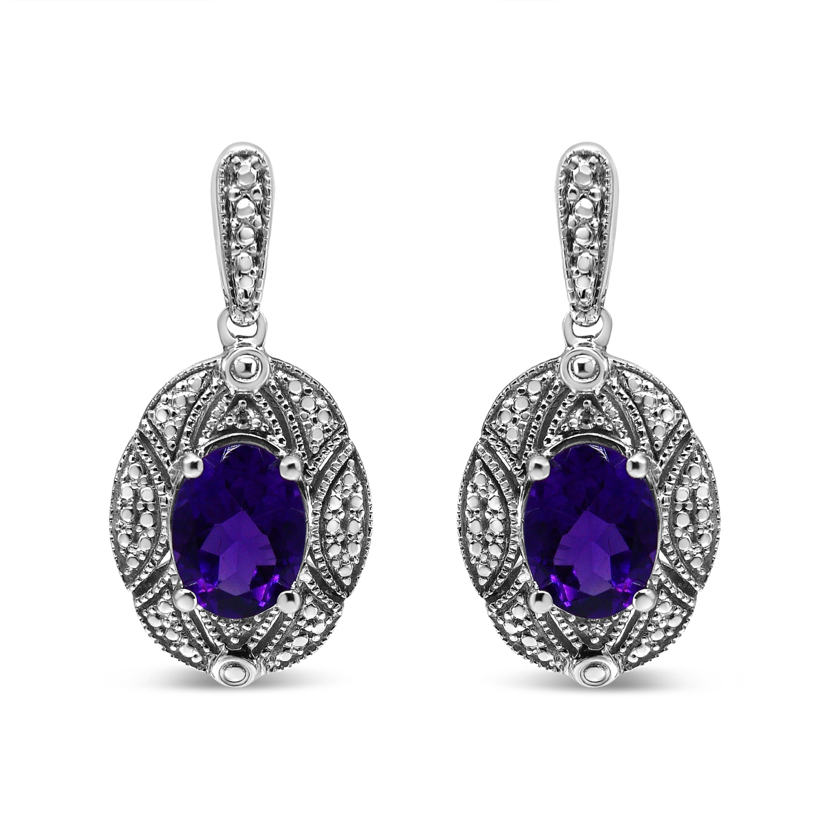 019119EASH White .925 Sterling Silver Diamond Accent & 8 x 6 mm Purple Oval Amethyst Stud Earrings, I-J Color - I1-I2 Clarity