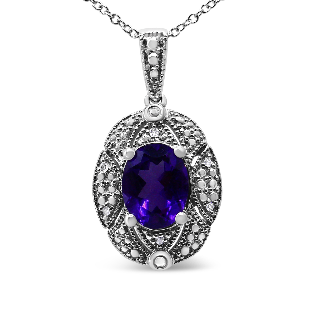 019120NASH White .925 Sterling Silver Diamond Accent & 9 x 7 mm Purple Oval Amethyst Gemstone Pendant 18 in. Necklace, I-J Color - I1-I2 Clarity