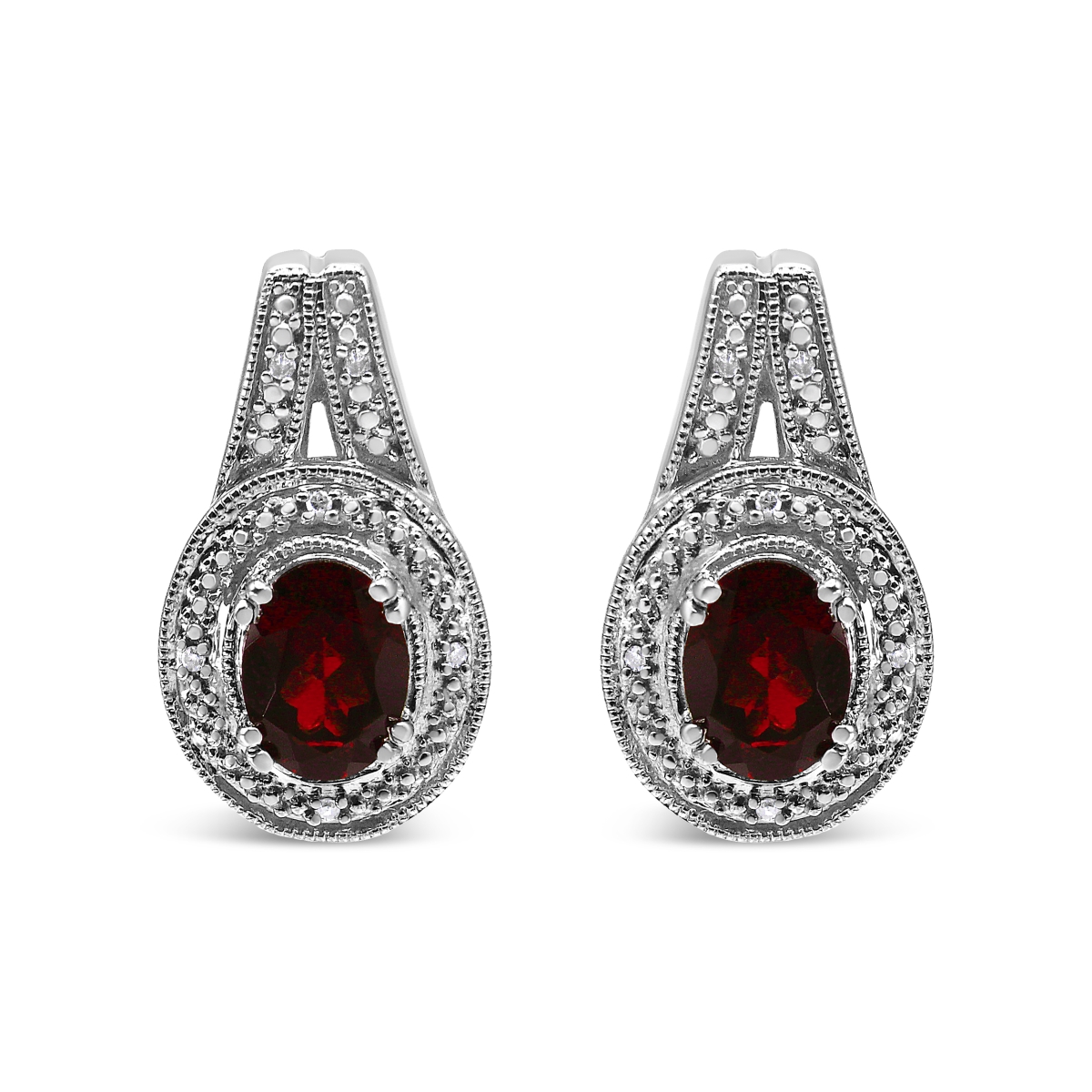 White .925 Sterling Silver Diamond Accent & 8 x 6 mm Red Oval Garnet Stud Earrings, I-J Color - I1-I2 Clarity