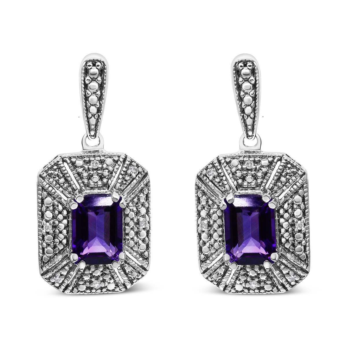 019123EASH White .925 Sterling Silver Diamond Accent & 7 x 5 mm Purple Amethyst Stud Earrings, I-J Color - I2-I3 Clarity