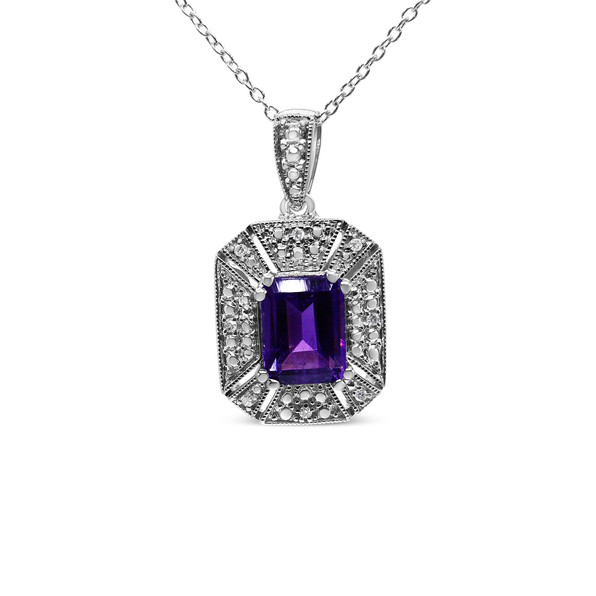 019125NASH White .925 Sterling Silver Purple Amethyst & Diamond Accent Art Deco Style 18 in. Pendant Necklace, I-J Color - I1-I2 Clarity