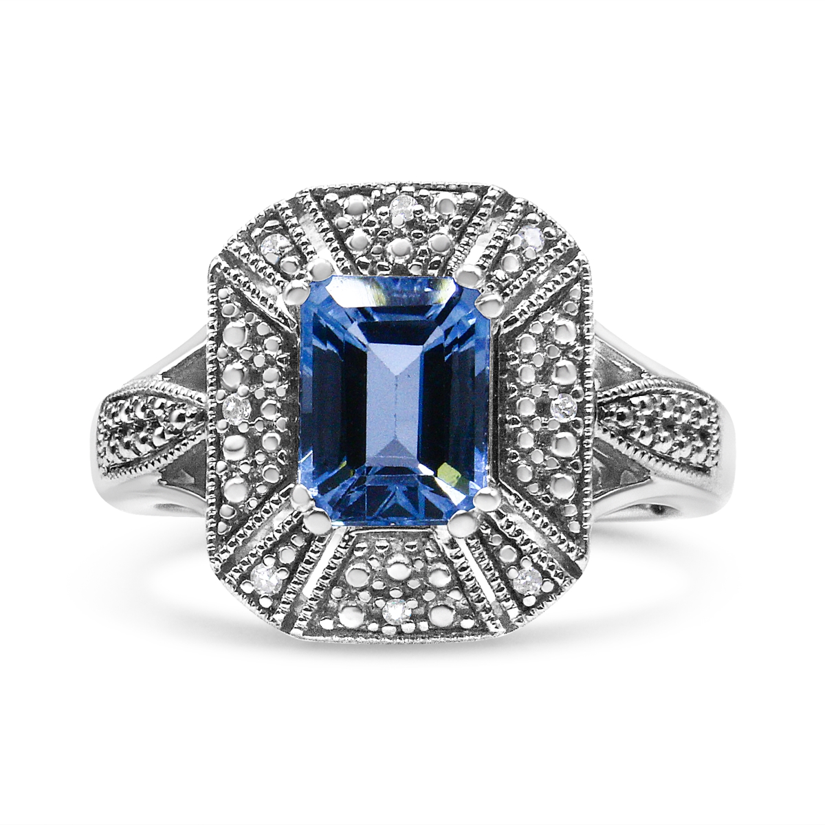 White .925 Sterling Silver Diamond Accent & 8 x 6 mm Emerald-Shape Blue Topaz Ring, I-J Color - I2-I3 Clarity - Ring Size 7
