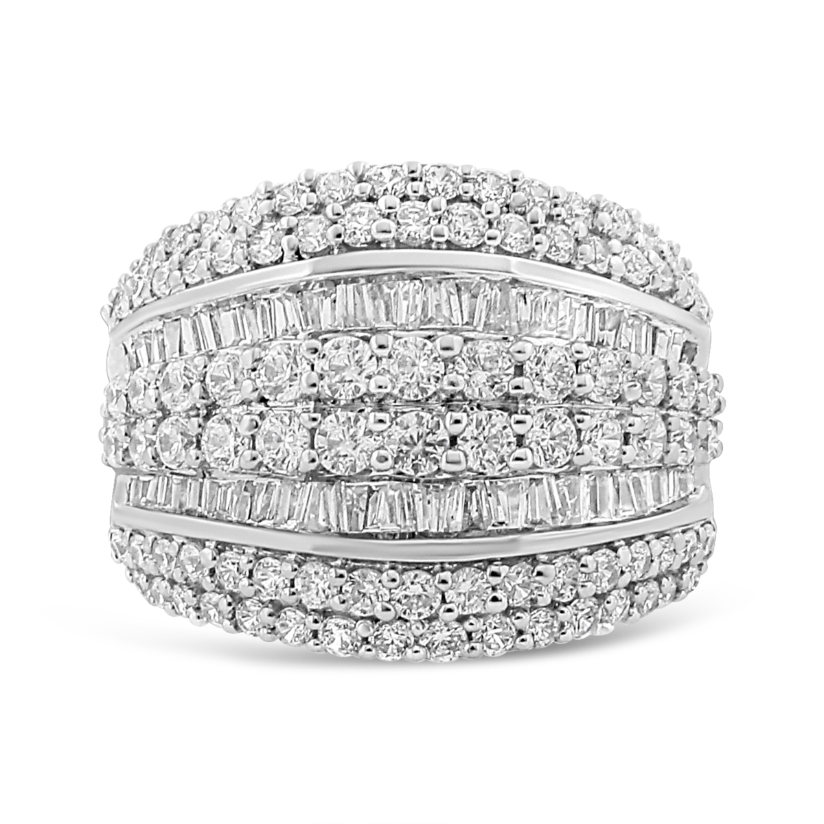 019156R600 White .925 Sterling Silver 2.00 CTTW Round & Baguette-Cut Diamond Cluster Ring, H-I Color - I1-I2 Clarity - Size 6