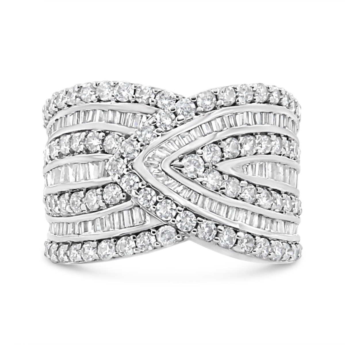 White .925 Sterling Silver 2.37 CTTW Diamond Multi Row Overlay Band Ring, J-K Color - I3 Clarity - Ring Size 7