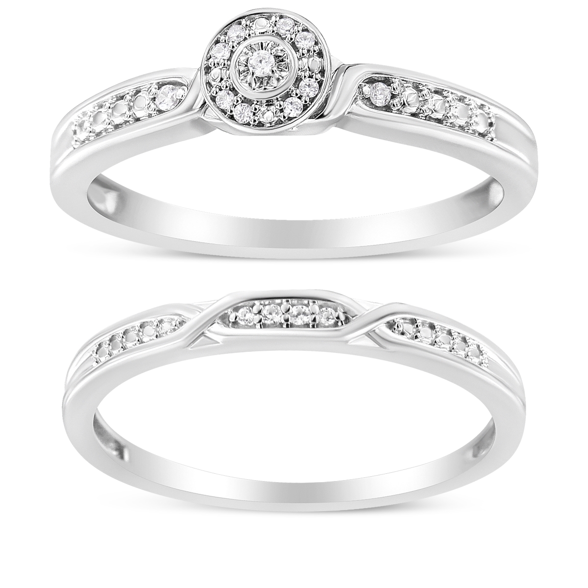 White .925 Sterling Silver Diamond Accent Frame Twist Shank Bridal Set Ring & Band, I-J Color - I3 Clarity - Size 7