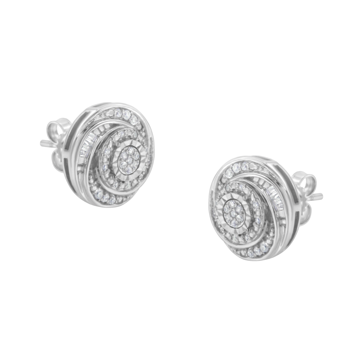70-4816WZL White .925 Sterling Silver 0.25 CTTW Baguette & Round Diamond Swirl Love Knot Stud Earrings, I-J Color - I3 Clarity