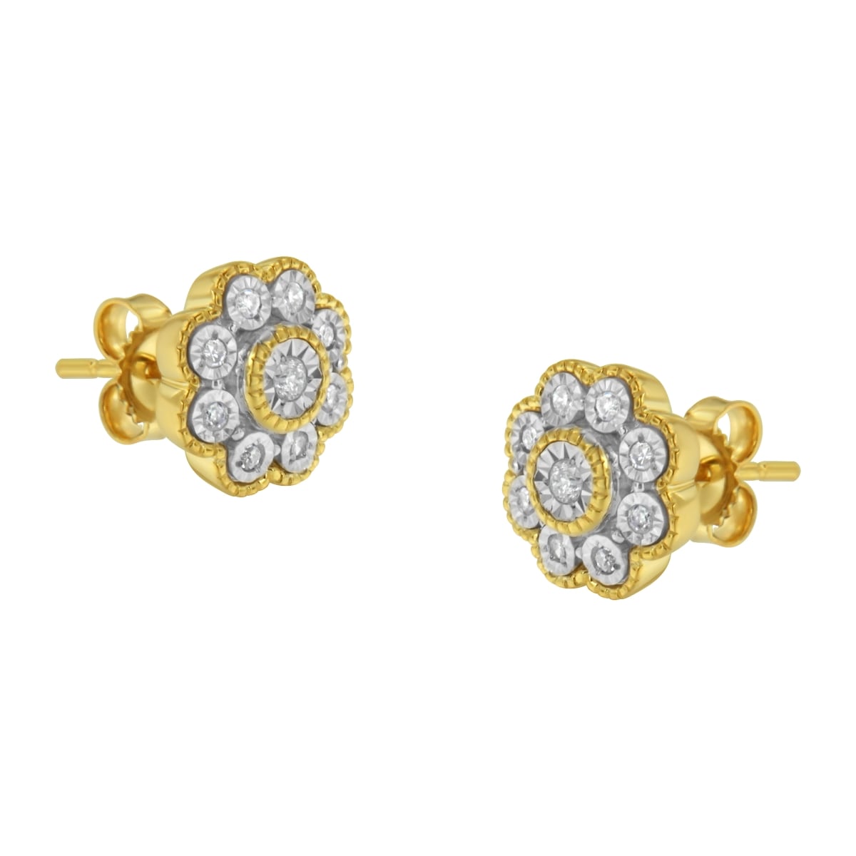 70-4936YDM 14K Yellow Gold Plated .925 Sterling Silver 0.15 CTTW Miracle-Plate Set Diamond Floral Stud Earrings, I-J Color - I2-I3 Clarity