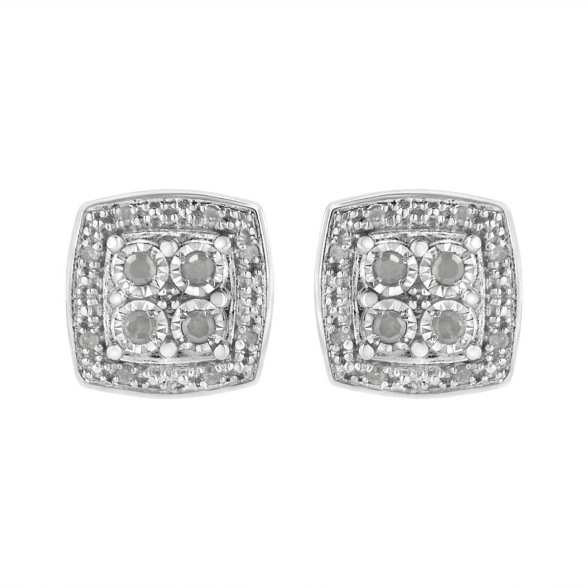 70-4939WDM White .925 Sterling Silver 0.25 CTTW Round Cut Diamond Square Shape Milgrain Stud Earrings, I-J Color - I3 Clarity