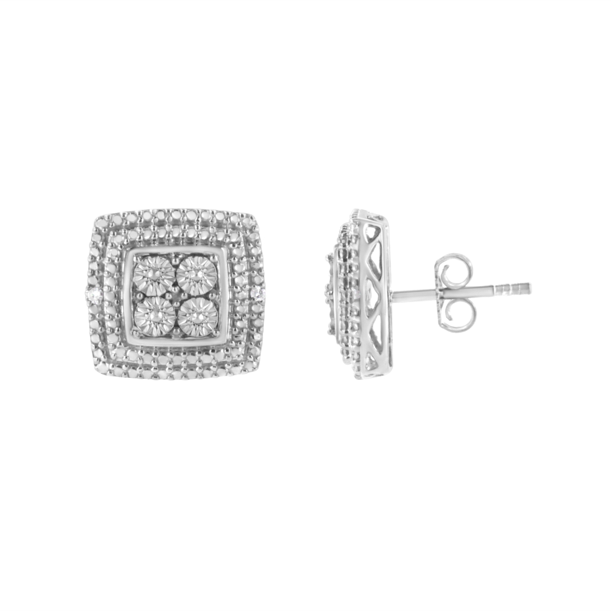 White .925 Sterling Silver Diamond Accented Square Shaped Milgrain Stud Earrings, I-J Clarity - I3 Color