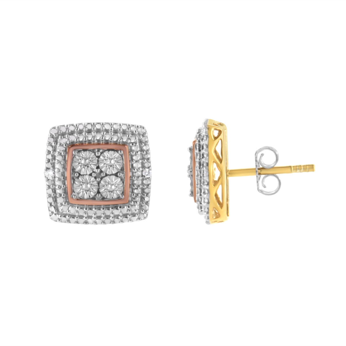 70-4964ZDM 10K Yellow, White, & Rose Gold Plated Sterling Silver Diamond Accent Earrings, I-J Clarity - I3 Color