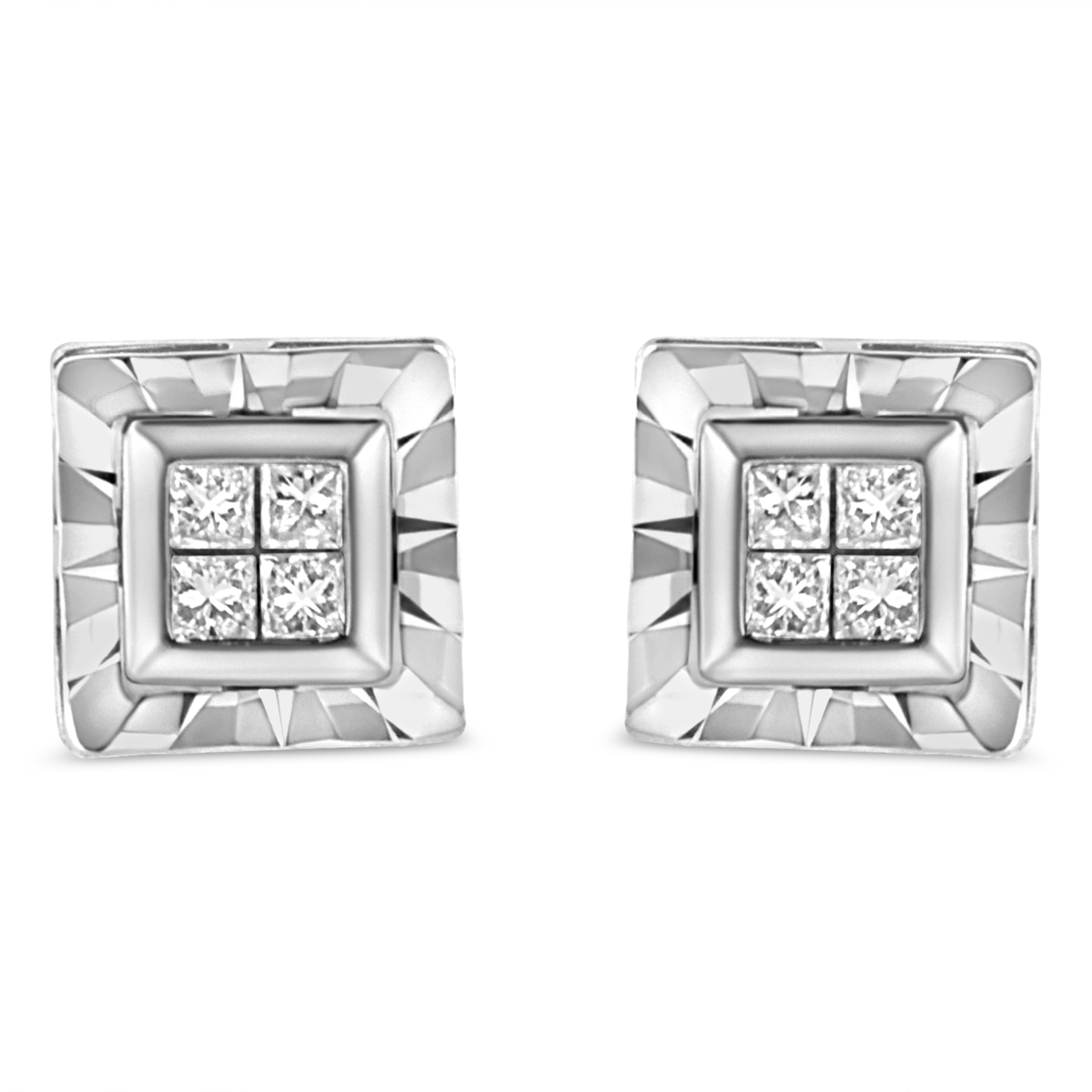 70-5002WDM White .925 Sterling Silver 0.15 CTTW Invisible Set Princess-Cut Diamond Quad Composite Stud Earrings, H-I Color - I1-I2 Clarity
