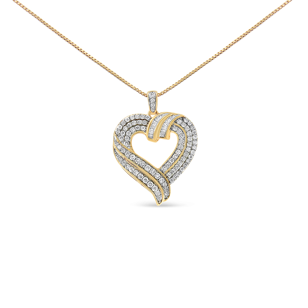 14K Yellow Gold Plated .925 Sterling Silver 1.00 CTTW Baguette Diamond Composite Open Heart 18 in. Pendant Necklace, I-J Color - I1-I2 Clarity